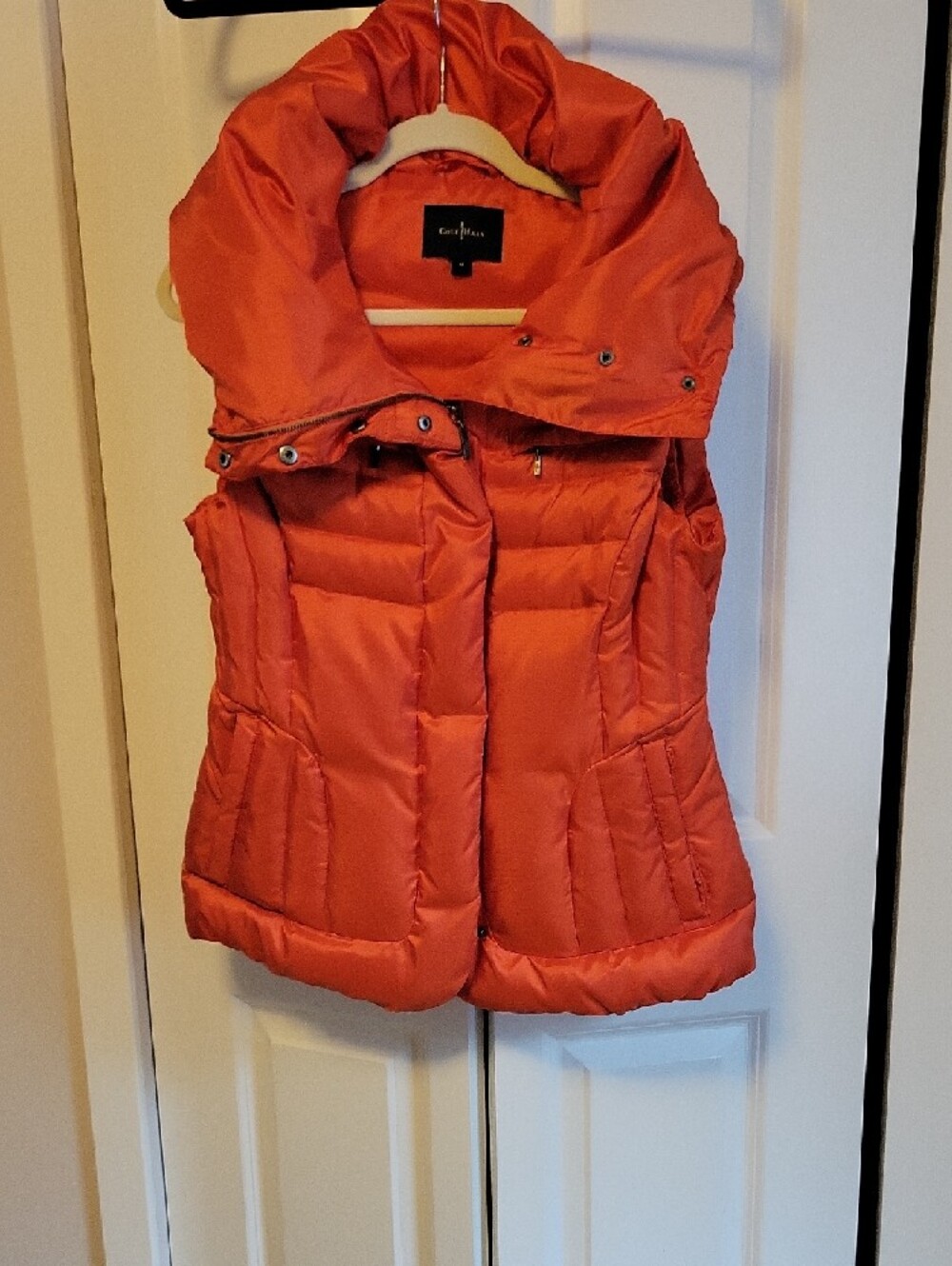 Cole Haan Bright Orange Quilted Puffer Vest with Oversized Funnel Collar